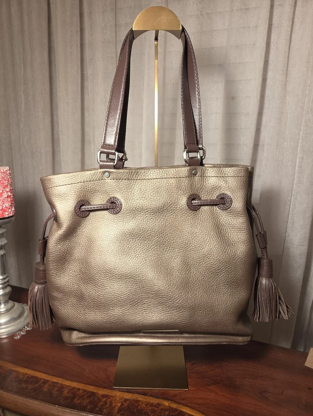 Vintage Cole Haan Bronze Pebbled Leather Drawsting Bucket Bag